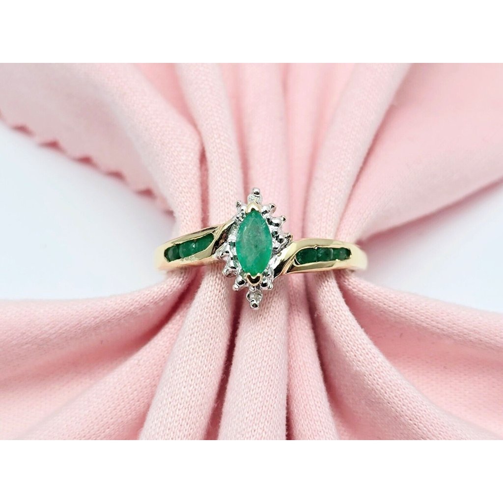 14k Two Tone Multi Color Gold Ladies Marquise Emerald  Diamond Ring  Size 7